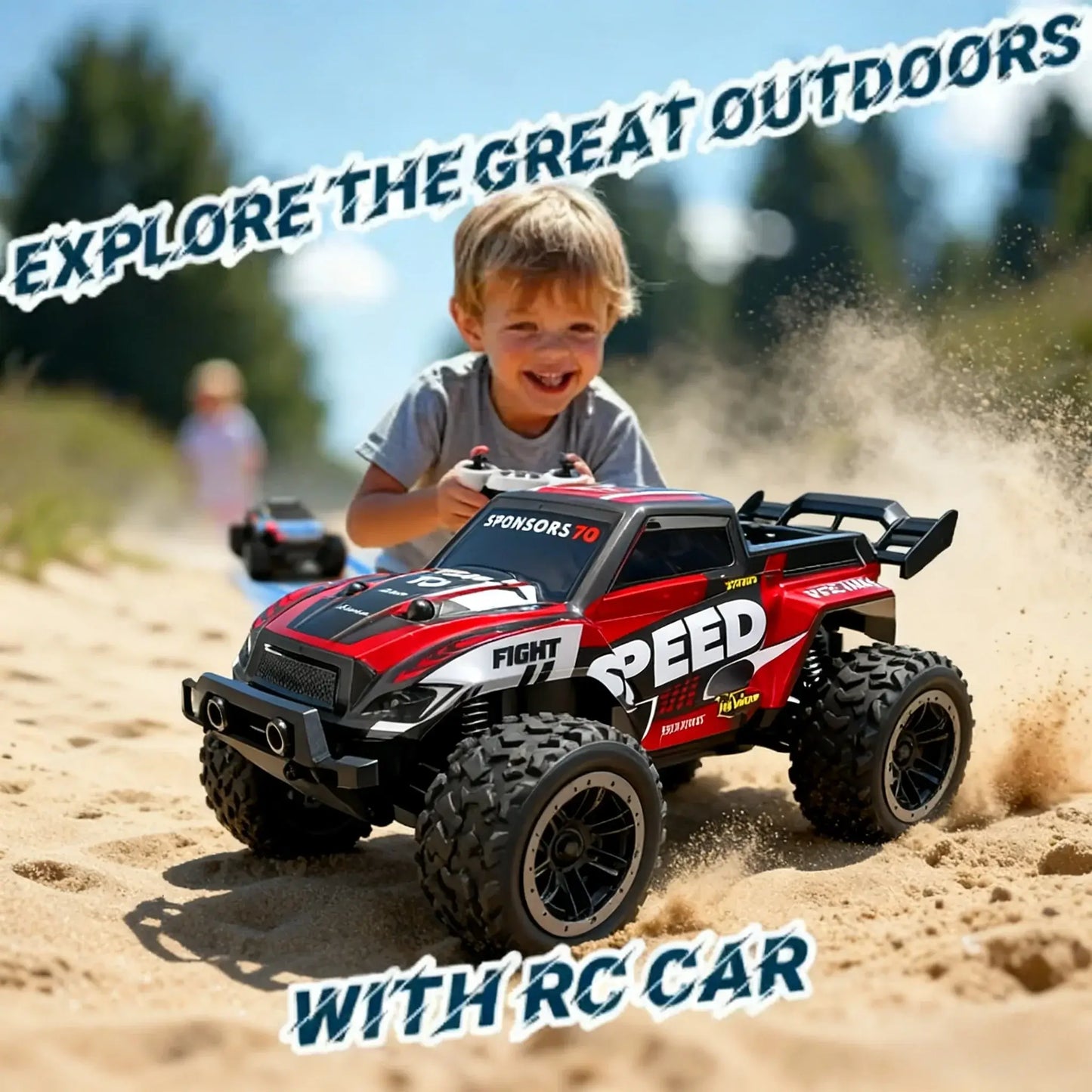 Four wheel drive remote control truck in action on sandy terrain, perfect for outdoor fun and adventure.