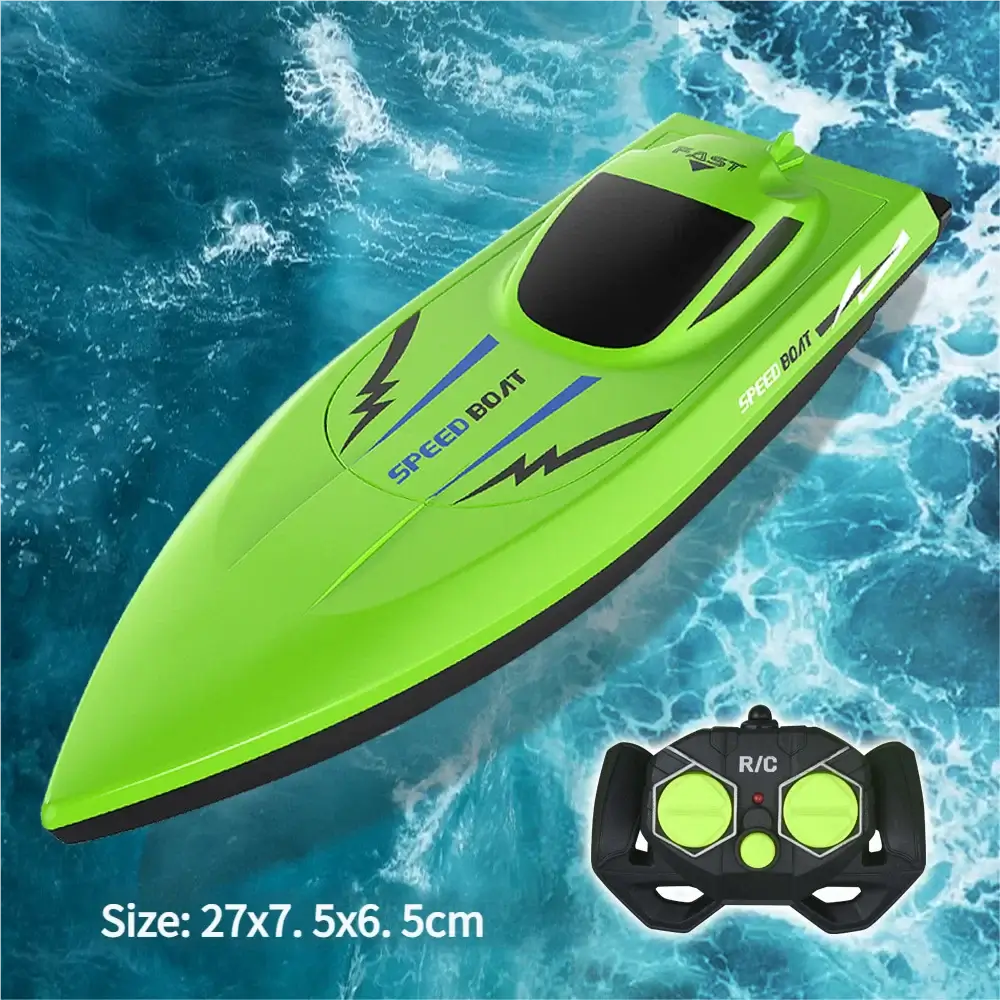 2.4G Remote Control Speed Boat in bright green color with remote, suitable for kids. Size: 27 x 7.5 x 6.5 cm.