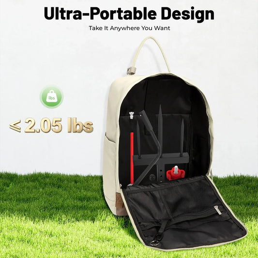 Ultra-Portable Design showing a golf swing trainer backpack with adjustable straps and a lightweight structure under 2.05 lbs.