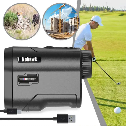 golf laser rangefinder with slope compensation USB rechargeable near a golfer and various backgrounds