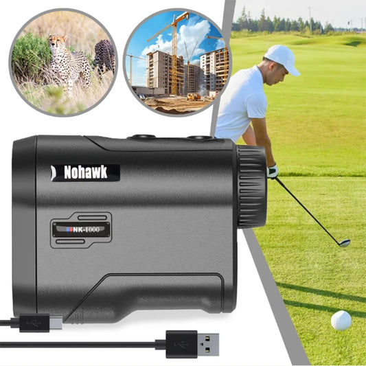 golf laser rangefinder with slope compensation USB rechargeable near a golfer and various backgrounds