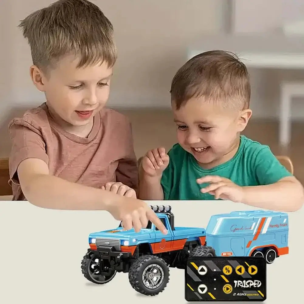 Children playing with Mini RC Monster Truck 1:64 Off-Road Climbing Car, blue and orange design.