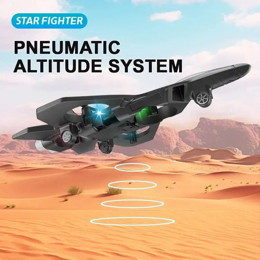 remote control fighter electric foam glider flying over desert with pneumatic altitude system