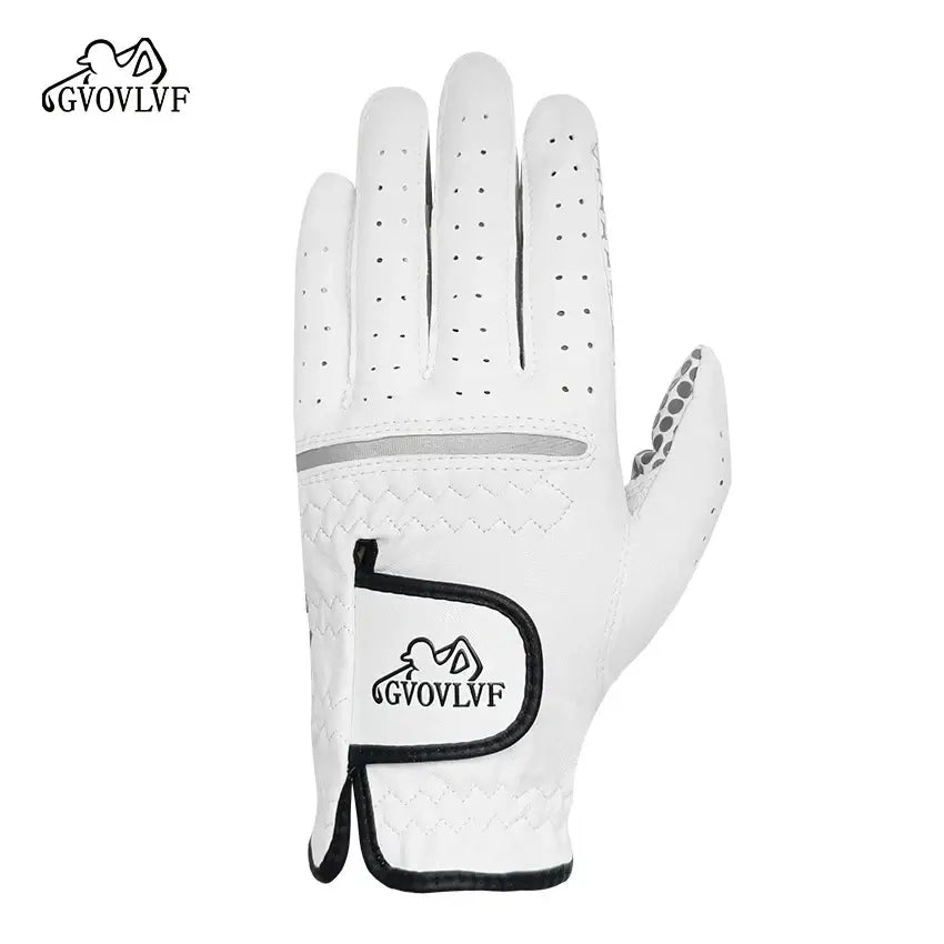 Golf Gloves Men's Leather White Breathable Gloves by GVOVLVF, showing the palm side with perforated design for better grip.