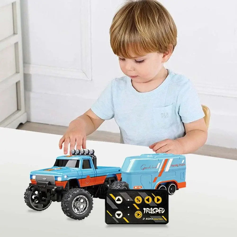 Mini RC Monster Truck 1:64 model in blue and orange, child playing nearby.