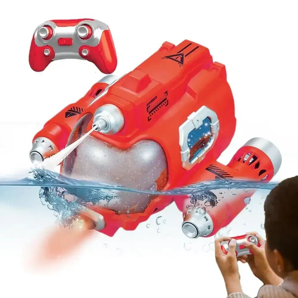 Rc Submarine Boat with Water Gun Remote Control Boats navigating in water with remote control in hand.