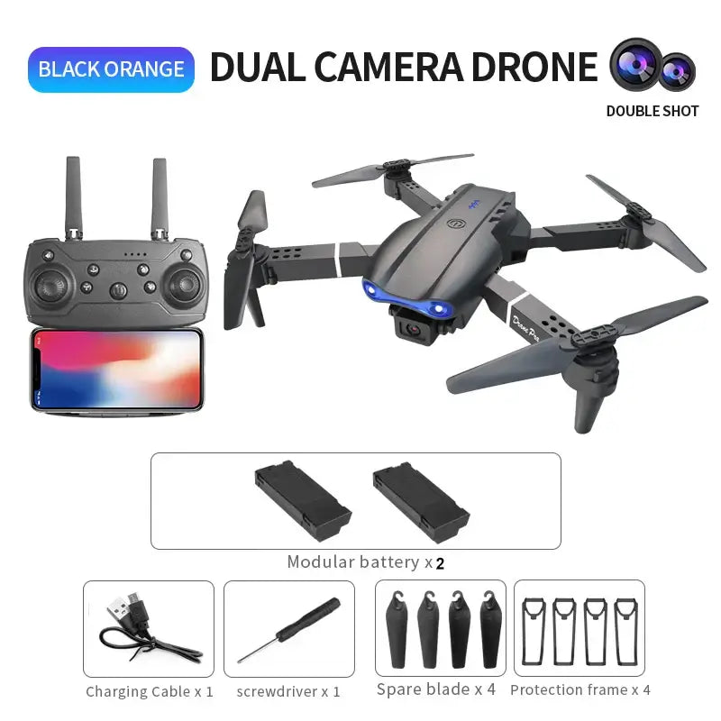 E99 PRO drone with dual camera in black and orange with remote, modular batteries, and accessories.