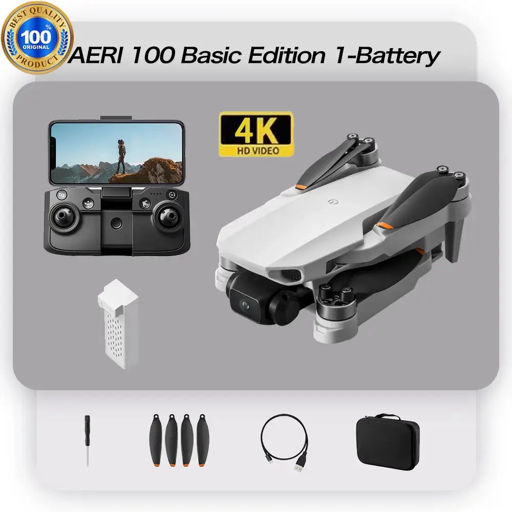 Aeri100 VR New Drone with controller, 4K HD video capability, and accessories for aerial photography.