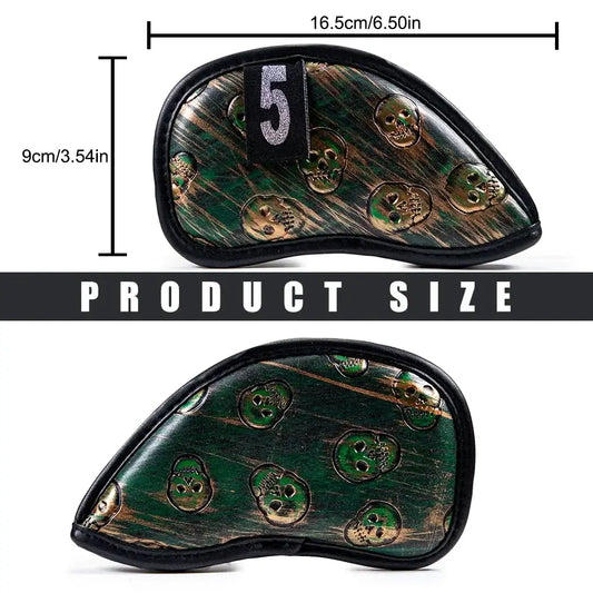 Product size image showing natural rubber golf grips headcover with skull design, measuring 16.5cm and 9cm.