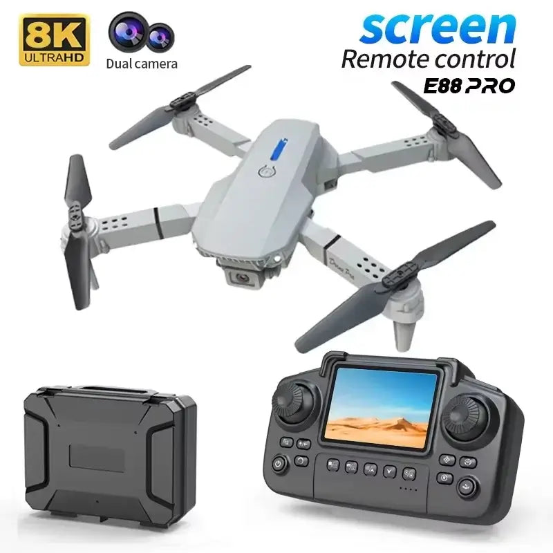 2026 E88 Plus Drone with dual camera remote control and carrying case, featuring 8K Ultra HD capabilities.