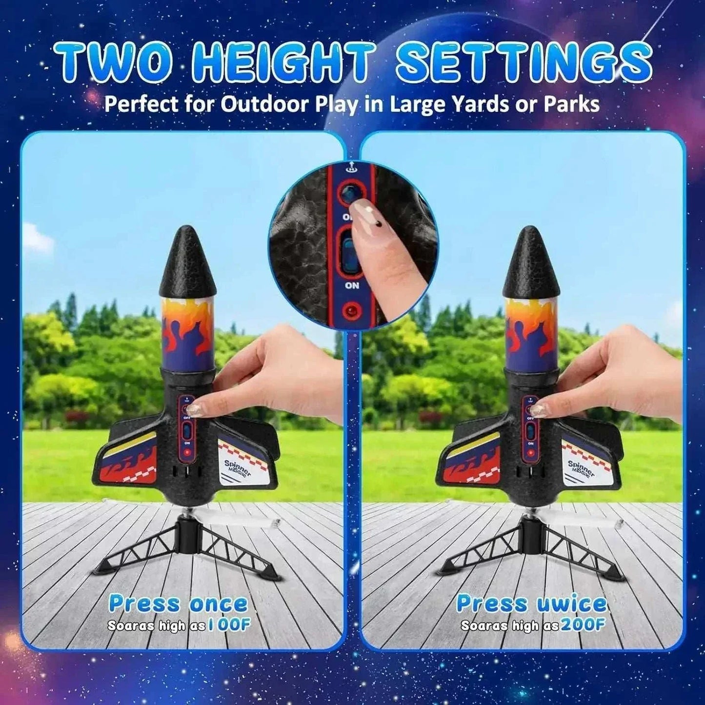 Motorized air rocket toy for kids launching outdoors with LED lights