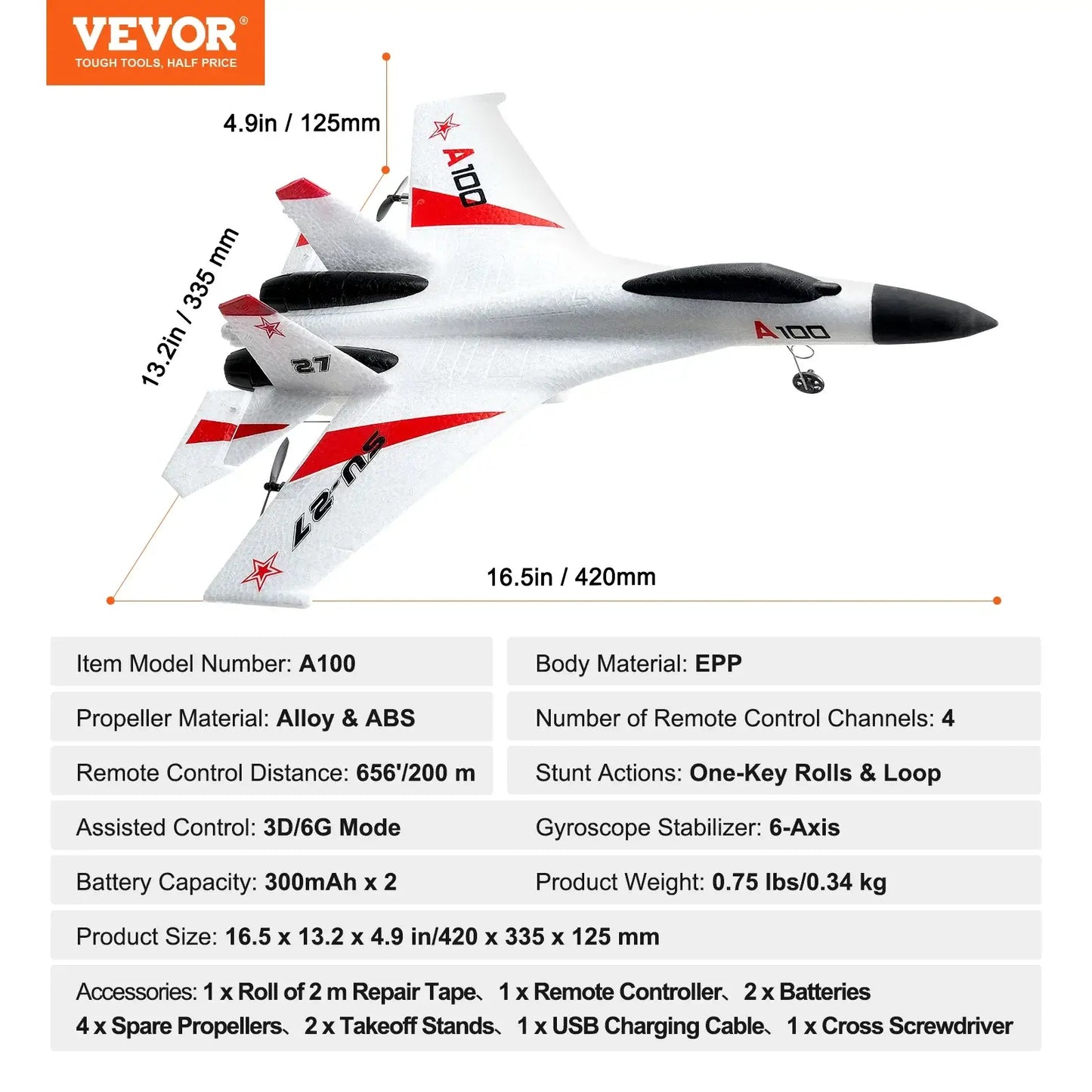 VEVOR SU27 RC Plane 2.4G Remote Control Flying Model Glider Airplane