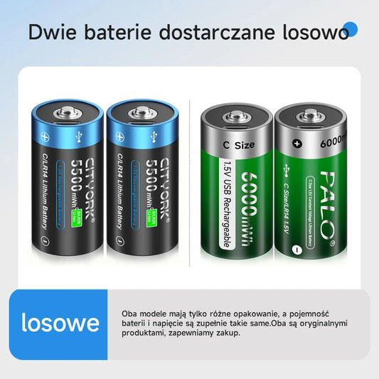 1.5V C Size Rechargeable Battery in green design showcasing USB charging capability.