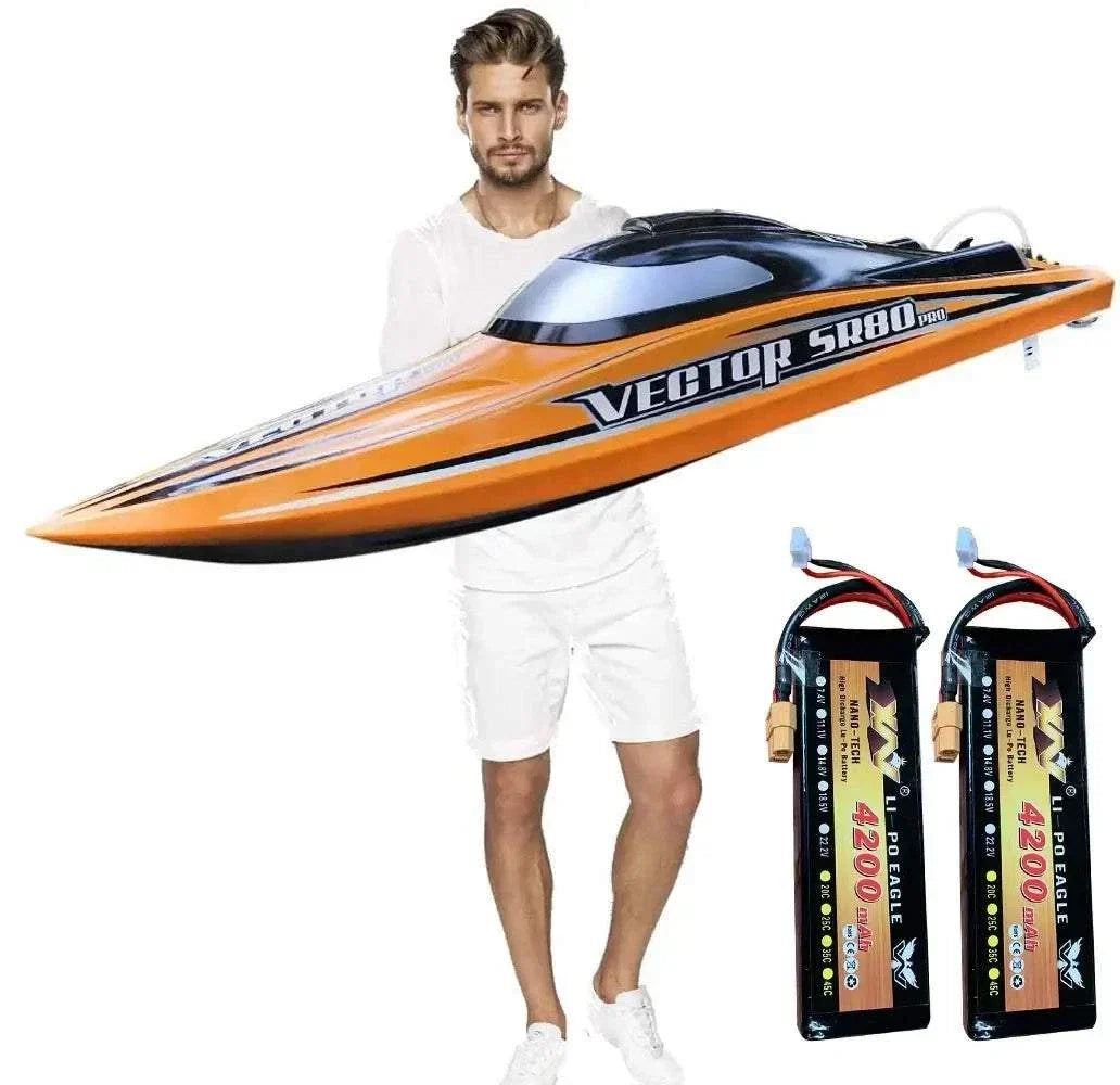 RC Boat for Adults SR80 Pro shown in the hands of a man with two batteries beside it, showcasing high performance and design.