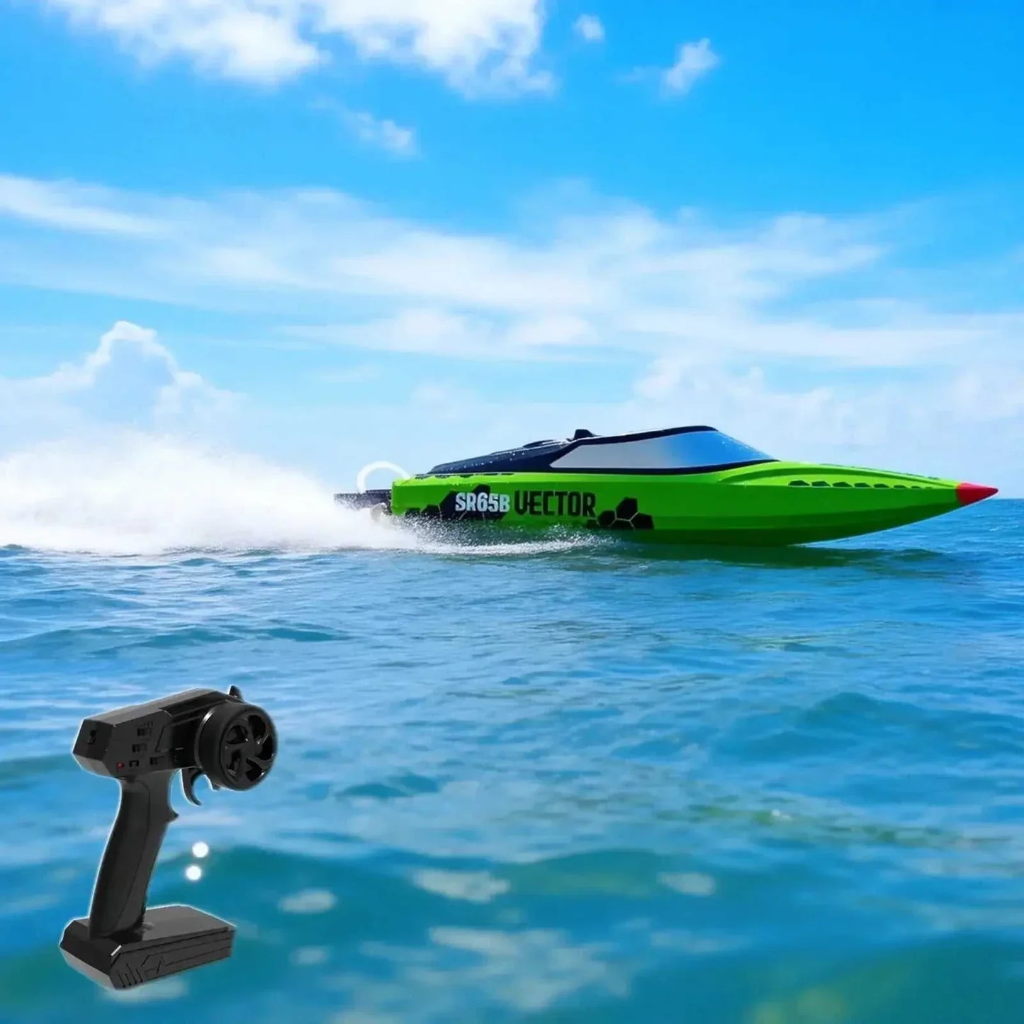 SR80 Pro. RTR 31.5 RC Boat racing across water with remote control in foreground.