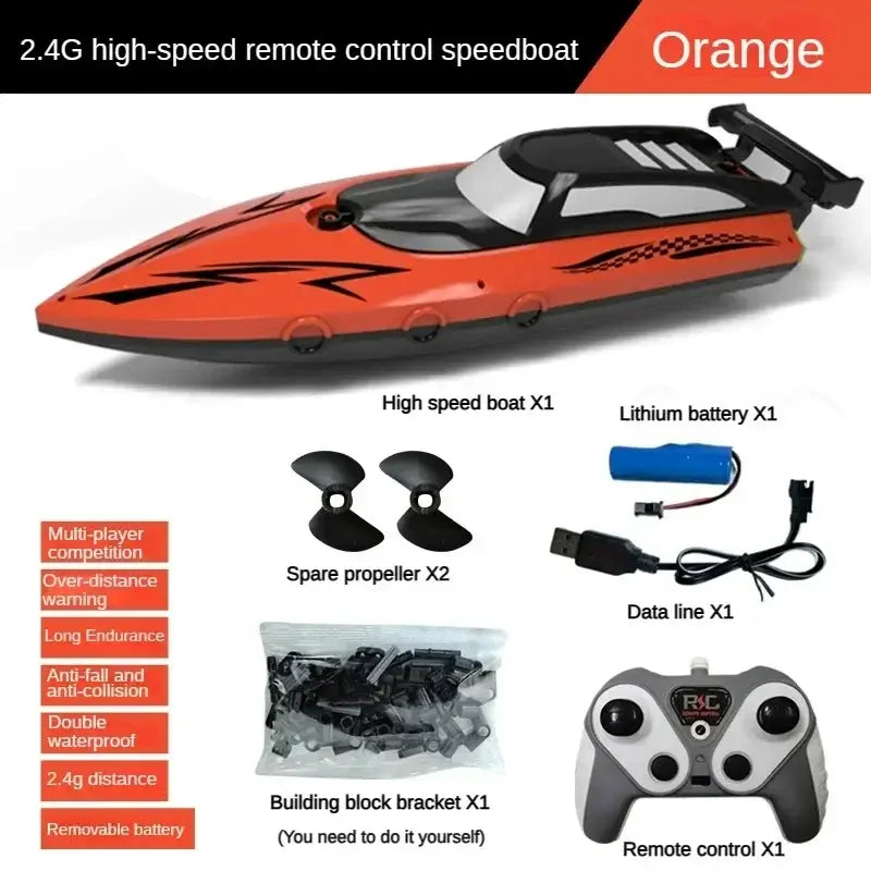 Kids remote control boat toys in vibrant orange, showcasing high-speed features and included accessories.