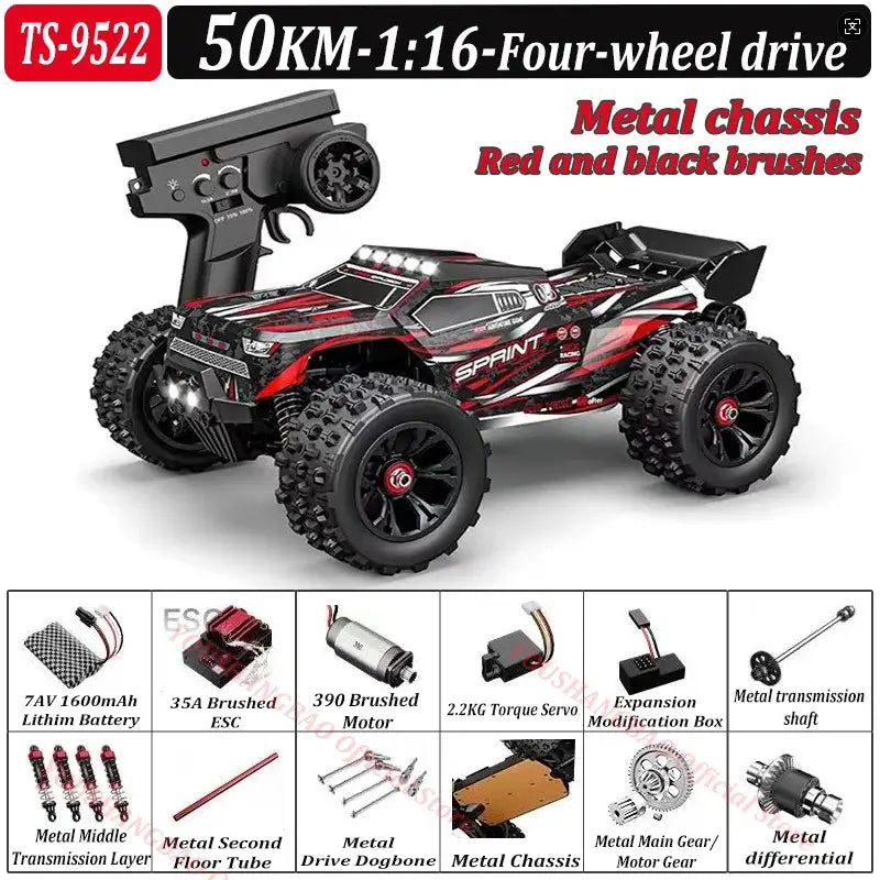 RC Car 80 Kilometers or 50 Kilometers with four-wheel drive and metal chassis in red and black colors.