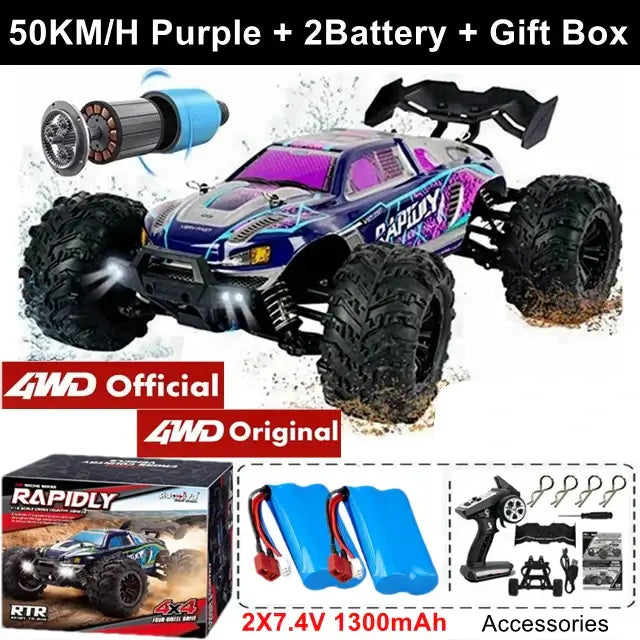 4WD brushless RC car 1:16 in purple with two batteries and gift box, featuring 50KM/H speed for thrilling adventures.