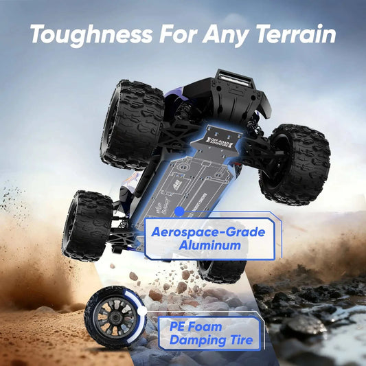 Lithium Battery RC Truck showcasing toughness with aerospace-grade aluminum and PE foam damping tire for any terrain.
