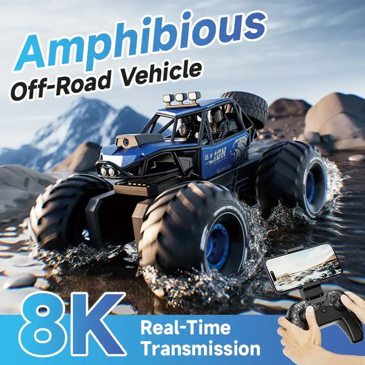 Amphibious remote control car for kids with large tires, 8K real-time transmission features, perfect for off-road adventures.
