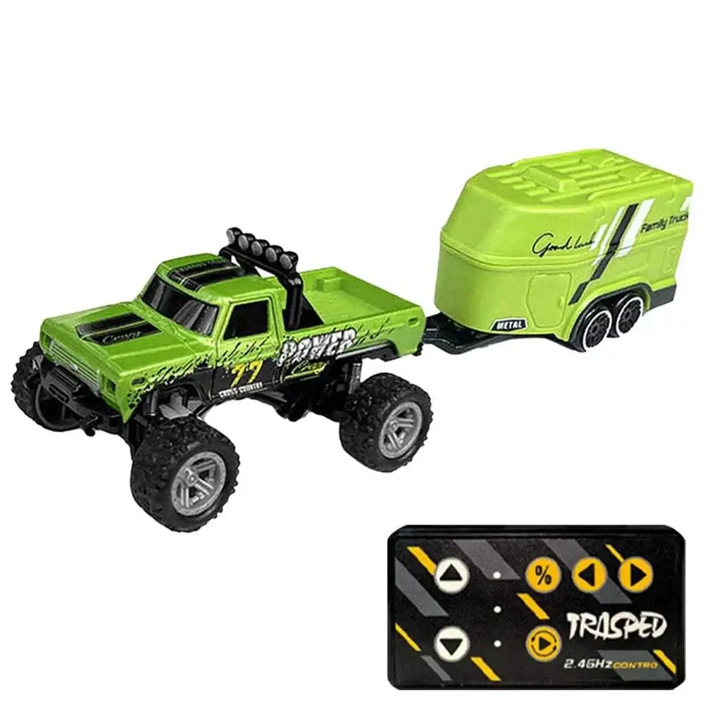 Mini RC Monster Truck 1:64 Off-Road Climbing Car with remote control and trailer.