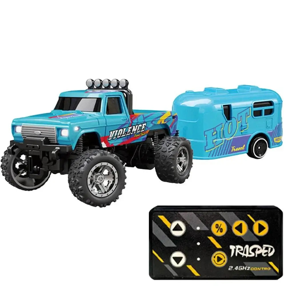 Mini RC Monster Truck 1:64 off-road climbing car with remote control, blue alloy model.