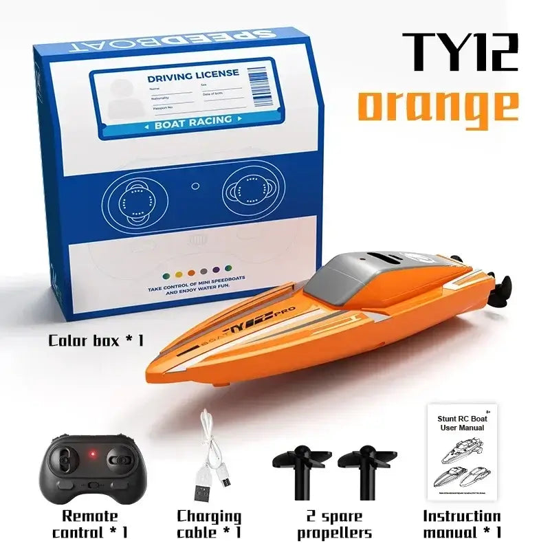 RC Boats Mini Remote Control Boat with Light Speedboat, orange TY12 model, includes remote control, spare propellers, and instructions.