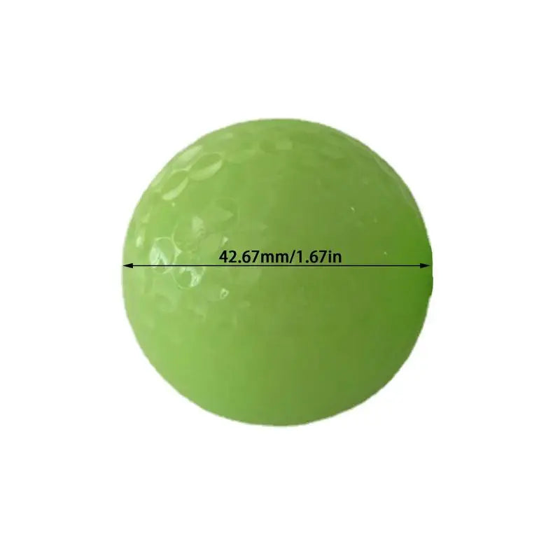 Glowing Golf Ball For Night Training showing a fluorescent green golf ball with dimensions of 42.67mm/1.67in.