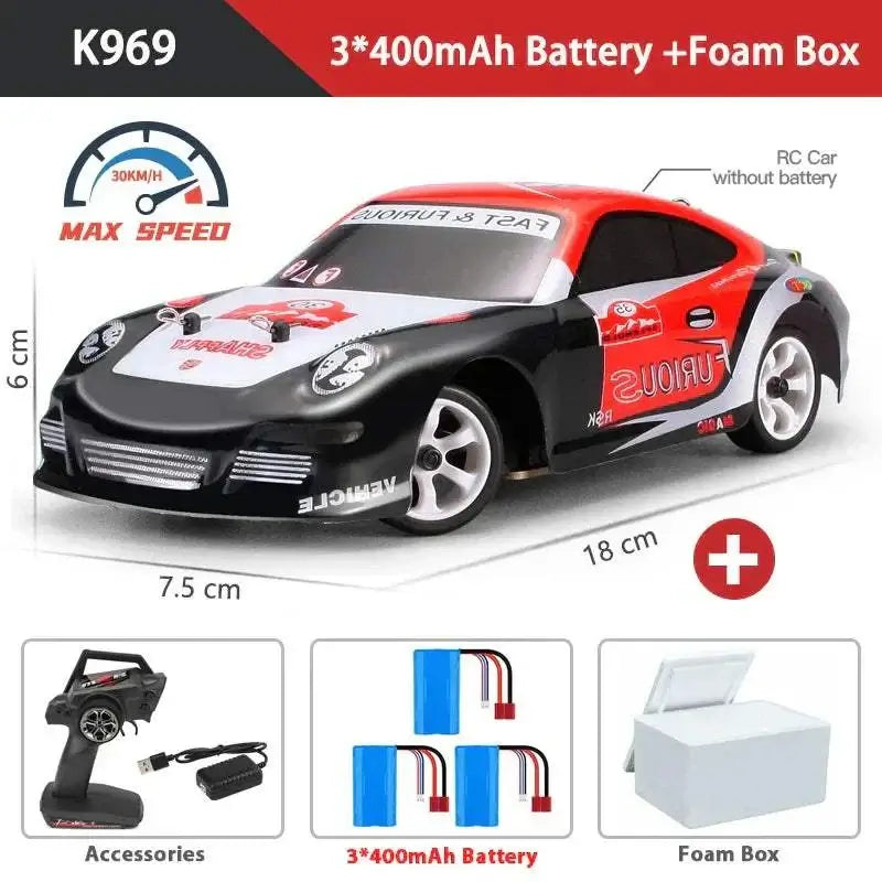 K969 1:28 4WD Mini RC Racing Car, high speed, off-road, WLtoys, includes remote, batteries, foam box, 30KM/H speed.