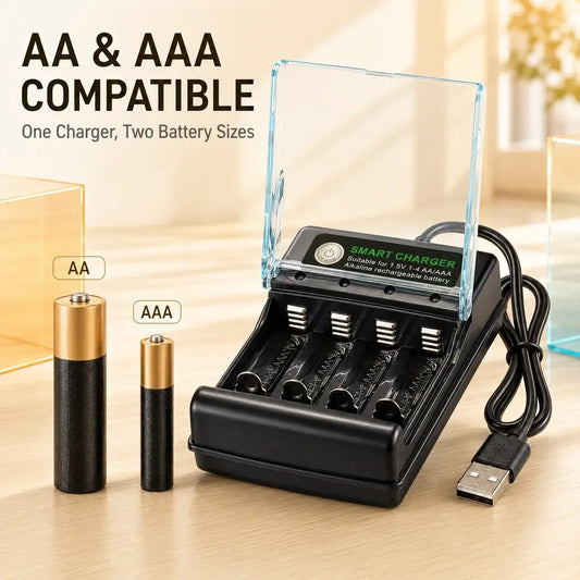 1.5V USB 4 Slots Charger for AA and AAA batteries with clear cover and USB cable.