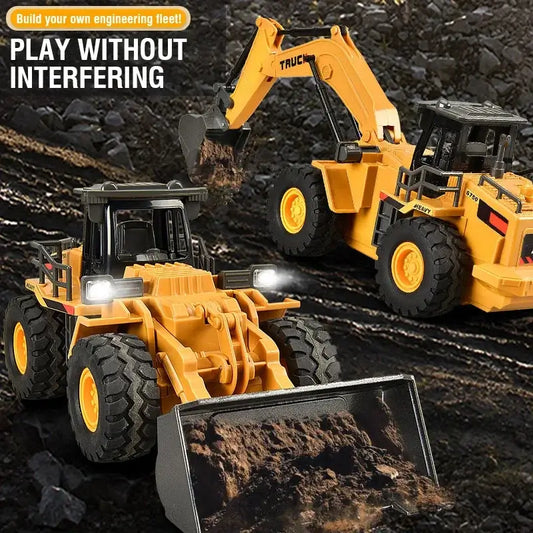Remote Control Excavator Bulldozer engineering vehicles in action on dirt, showcasing their play capabilities without interference.