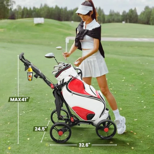 A golfer using a 4-wheel golf push cart on the course, displaying its height and dimensions.