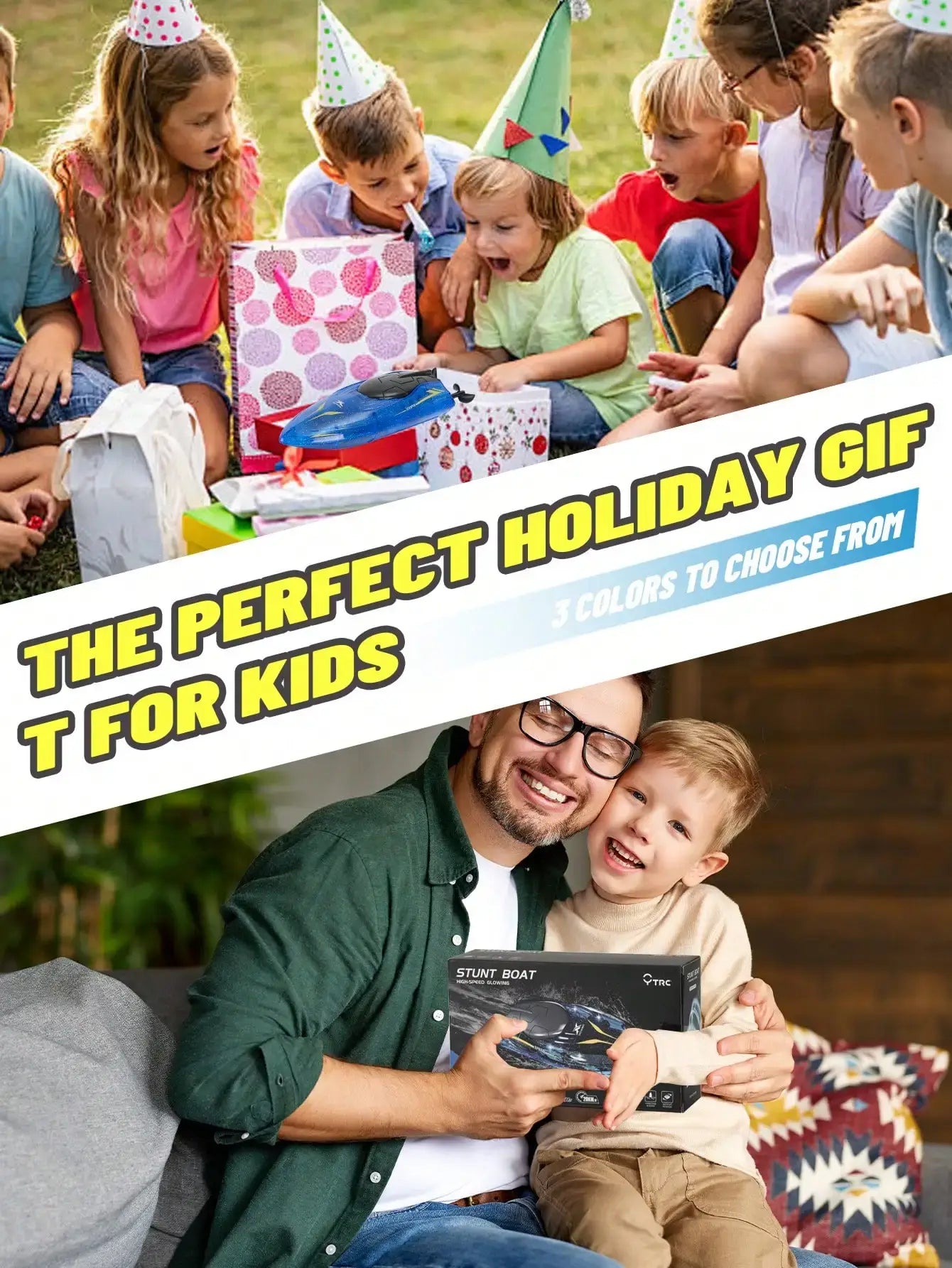 Kids enjoying gifts at a party with a man and a boy holding a toy, promoting RC Racing Boat 2.4GHz LED Lights as a holiday gift.