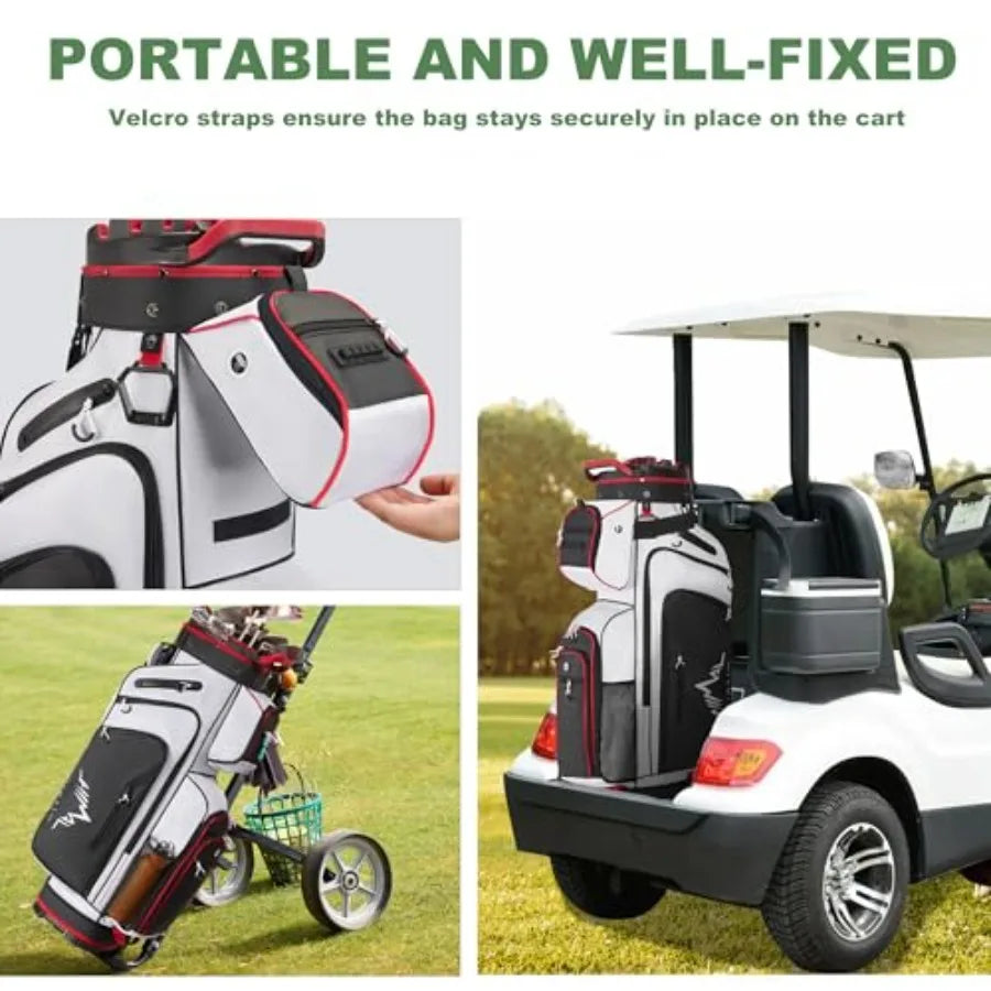 Golf Cart Bag with 14-Way Full-Length Dividers securely attached to a golf cart with Velcro straps for stability.