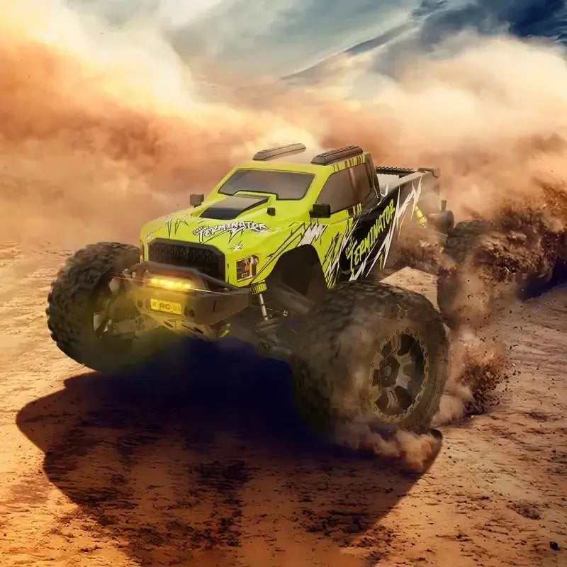 RTR Brushless Fast RC Cars for Adults speeding through sandy terrain, showcasing powerful performance and rugged design.