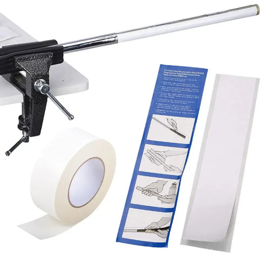 Golf Grip Tape Double Sided Adhesive Strips with application guide and tape roll for regripping golf clubs.