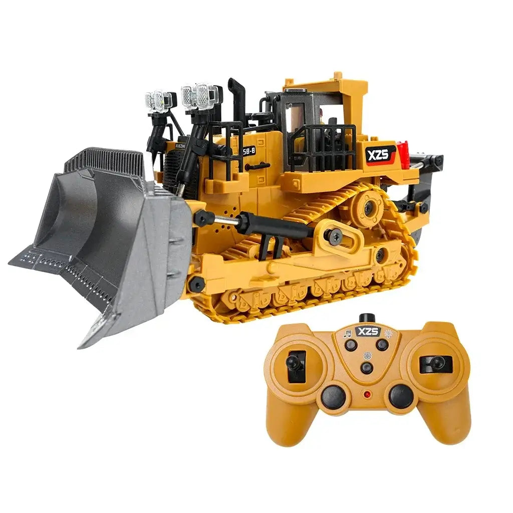 RC bulldozer remote control truck with a detailed yellow design and wireless controller.