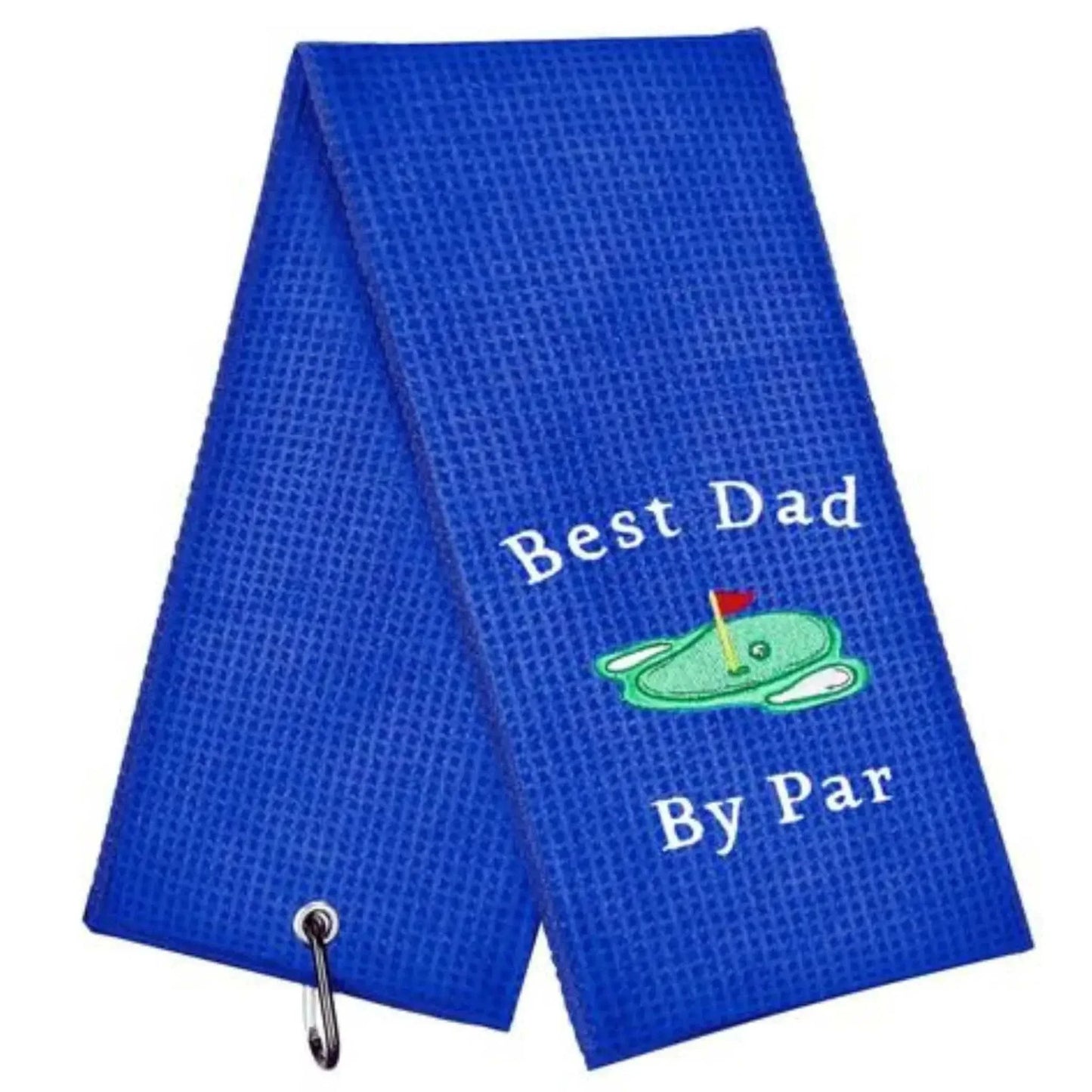 Microfiber Premium Golf Towel, Embroidered Golf Towels in blue with "Best Dad By Par" design