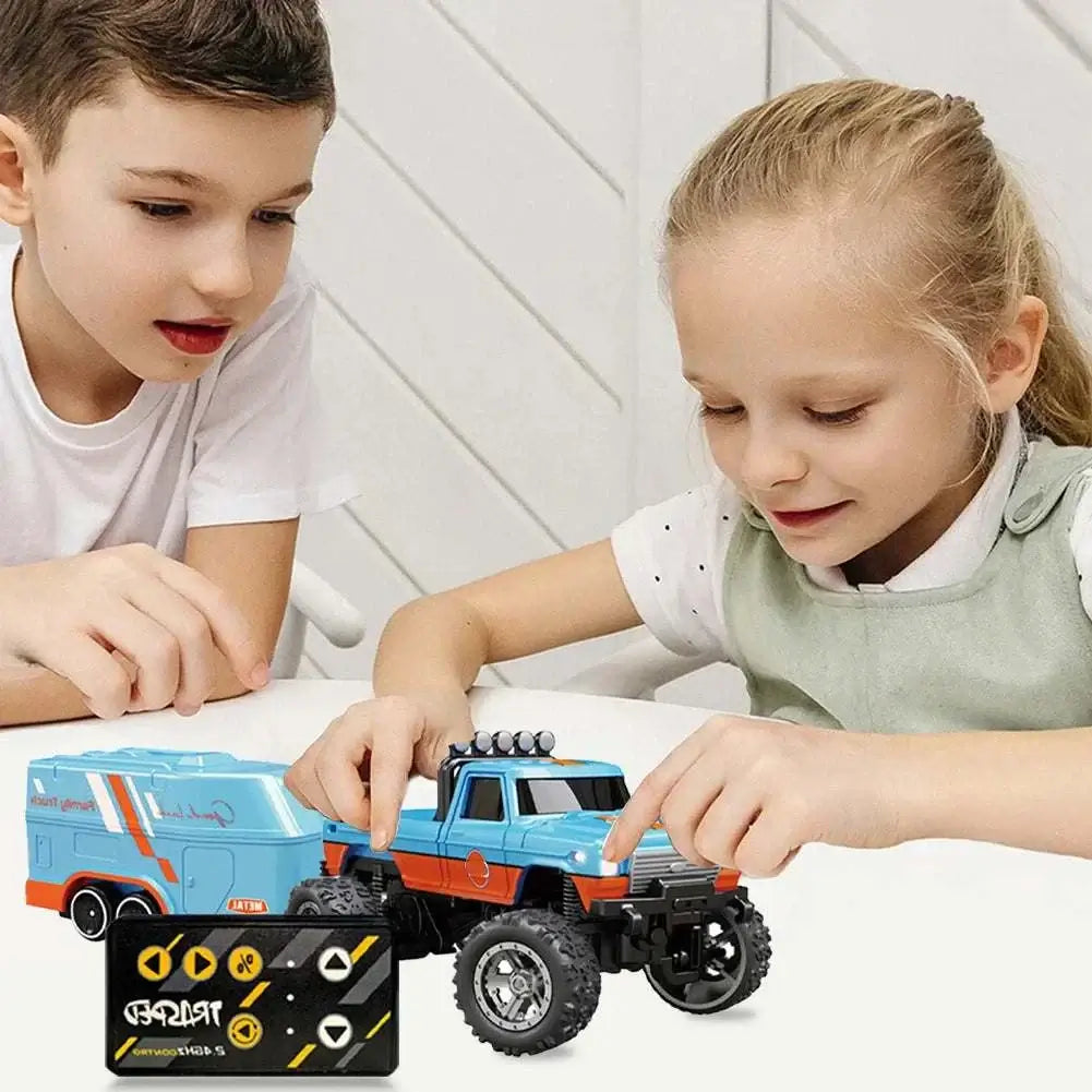 Mini RC Monster Truck 1:64 Off-Road Climbing Car with kids playing.