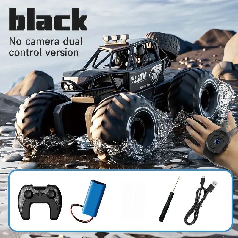 Amphibious remote control car for kids 4DRC New Y10 navigating water and rocks, featuring dual control version.