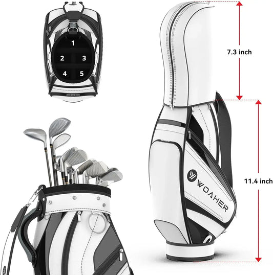 Golf Bag Multi-Function Waterproof showing dimensions and golf clubs inside with a sleek design.