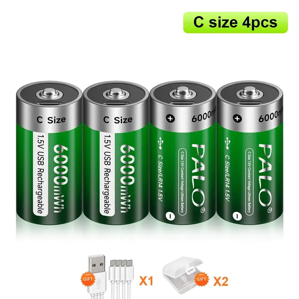 1.5V C Size Rechargeable Battery in green design showcasing USB charging capability.