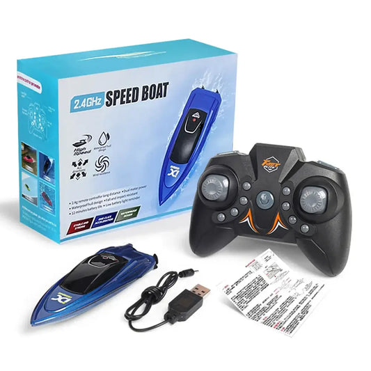 RC Boat High Speed Electric Ship with remote controller and accessories in packaging.