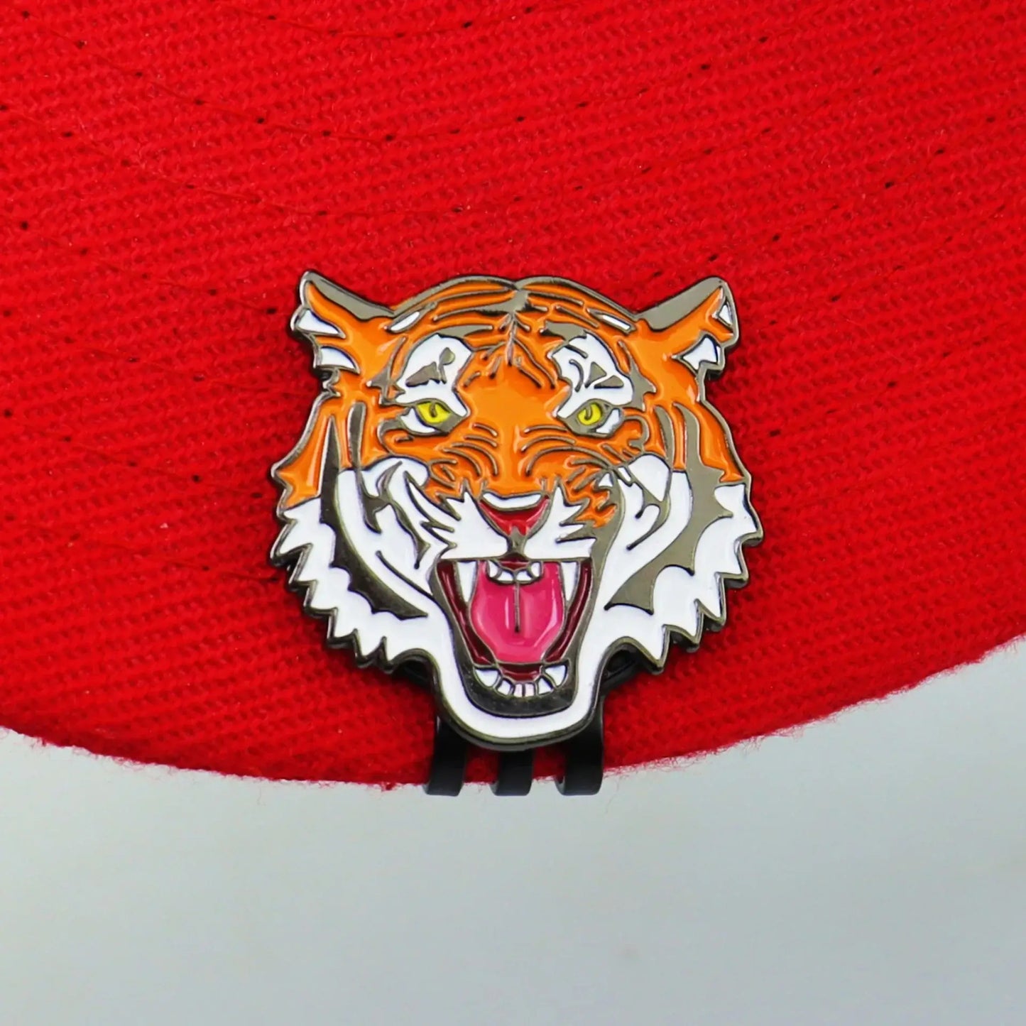 tiger head golf ball marker hat clip designed for golf accessories, featuring vibrant colors and detailed design.