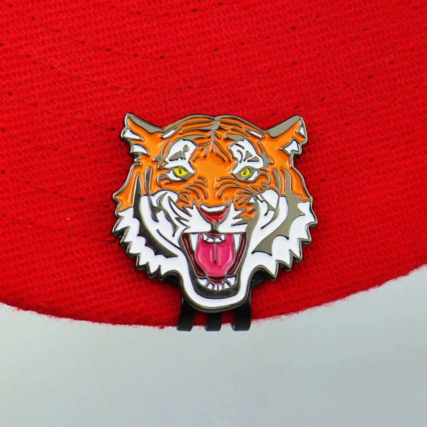 tiger head golf ball marker hat clip designed for golf accessories, featuring vibrant colors and detailed design.