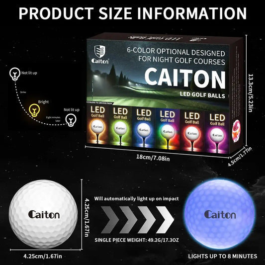 Caiton Night Glow Golf Balls packaging with size info and color options for night golf courses.