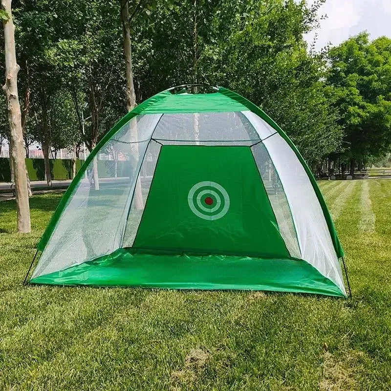 1or2M Golf Cage Practice Net set up outdoors with a target design on the netting, ideal for sports training.