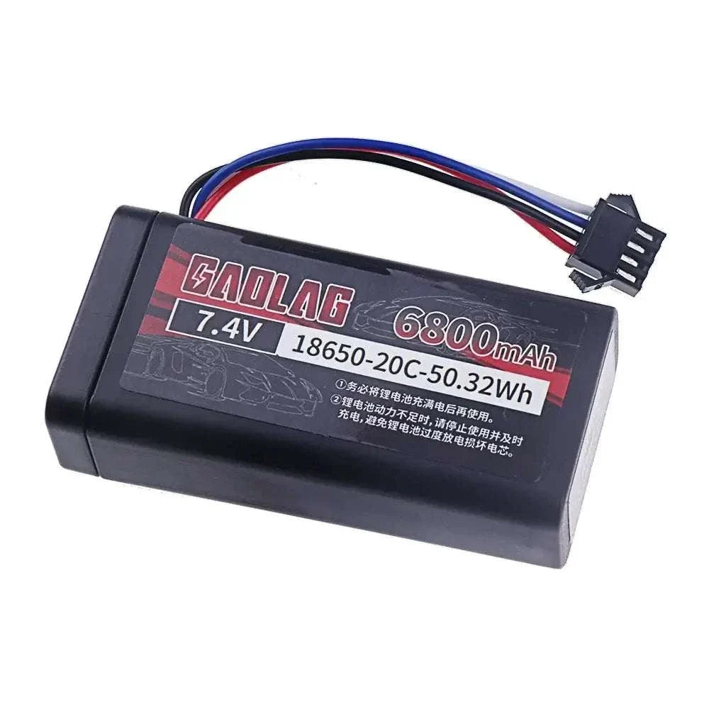 18650 Li-ion Battery 7.4V 6800mAh showcasing product specifications and available connectors.