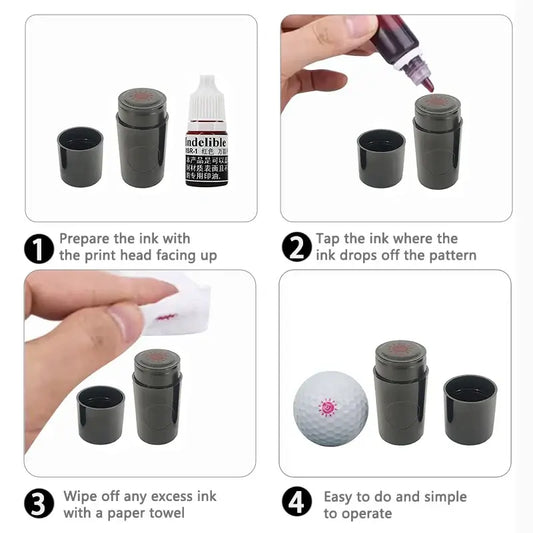 Golf Ball Stamper Quick Drying marker usage steps for easy ink application and clean operation.