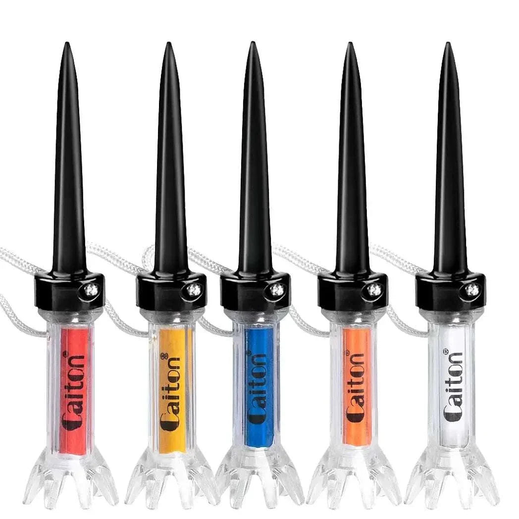Magnetic Plastic Golf Tee set by Caiton featuring five colorful tees for improved golf game performance.